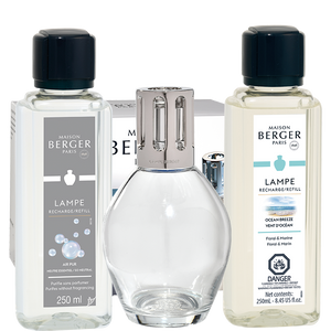 Coffret lampe Berger Essentielle ovale avec recharges Neutre essentiel 250 ml et 250 ml Vent d’océan
